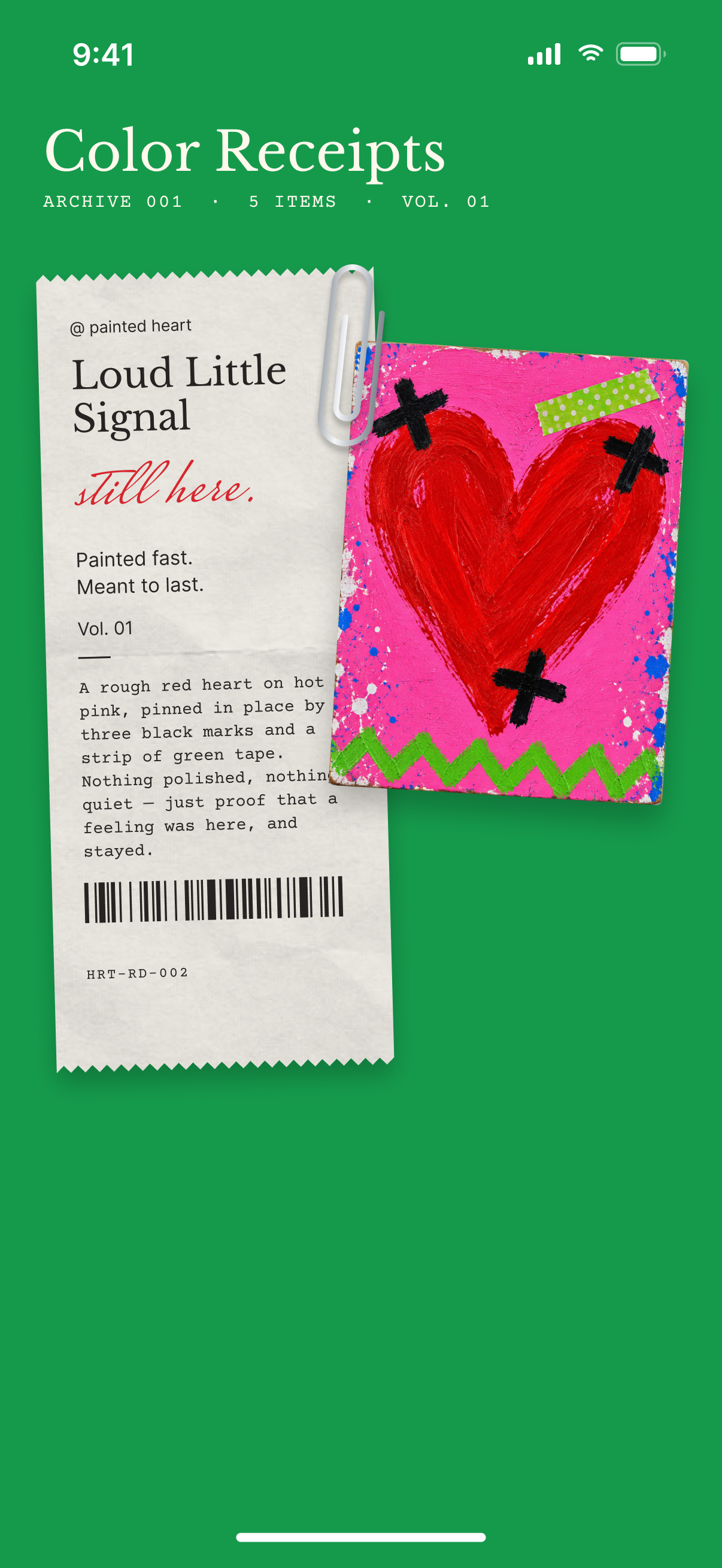 Color Receipts: Paired the artwork with a paper receipt held on by a paperclip, so the words sit with the image.