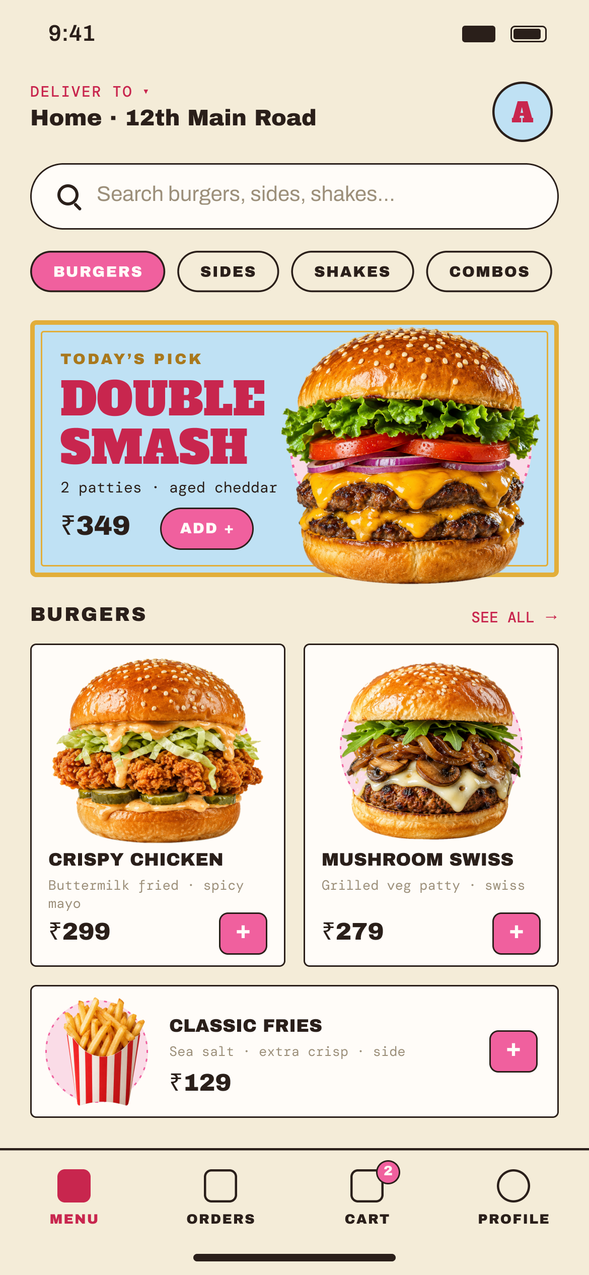 House Burger: The menu leads with today's pick, like the board above the counter, and keeps search and categories close.