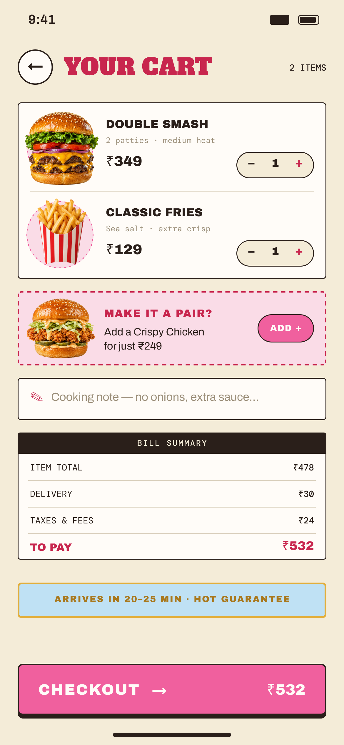 House Burger: The cart suggests one pair instead of a carousel, and leaves room for a cooking note.