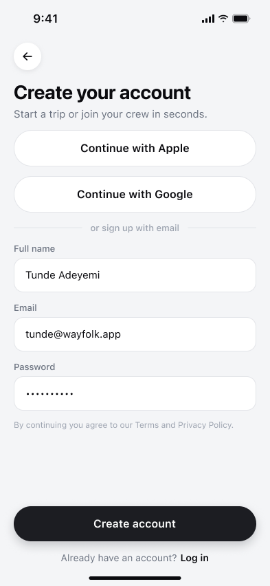 Wayfolk: Fast account creation without making the trip wait.
