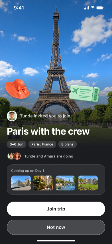 Wayfolk: Invitees see the trip, the people, and the plan before joining.