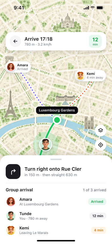 Wayfolk: Live navigation keeps individual movement visible to the group.